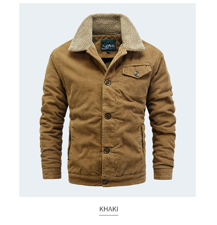 Men's Casual Jacket Corduroy Fur Collar Thermal and Windproof Fleece-lined Solid Color Button Design