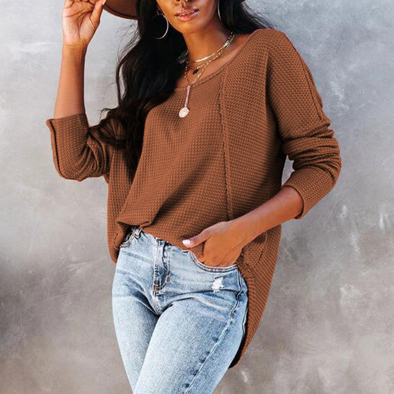 Women's Spring Summer Waffle Knit Crew Neck Patchwork Pullover Long Sleeve T-Shirt Casual Loose Top