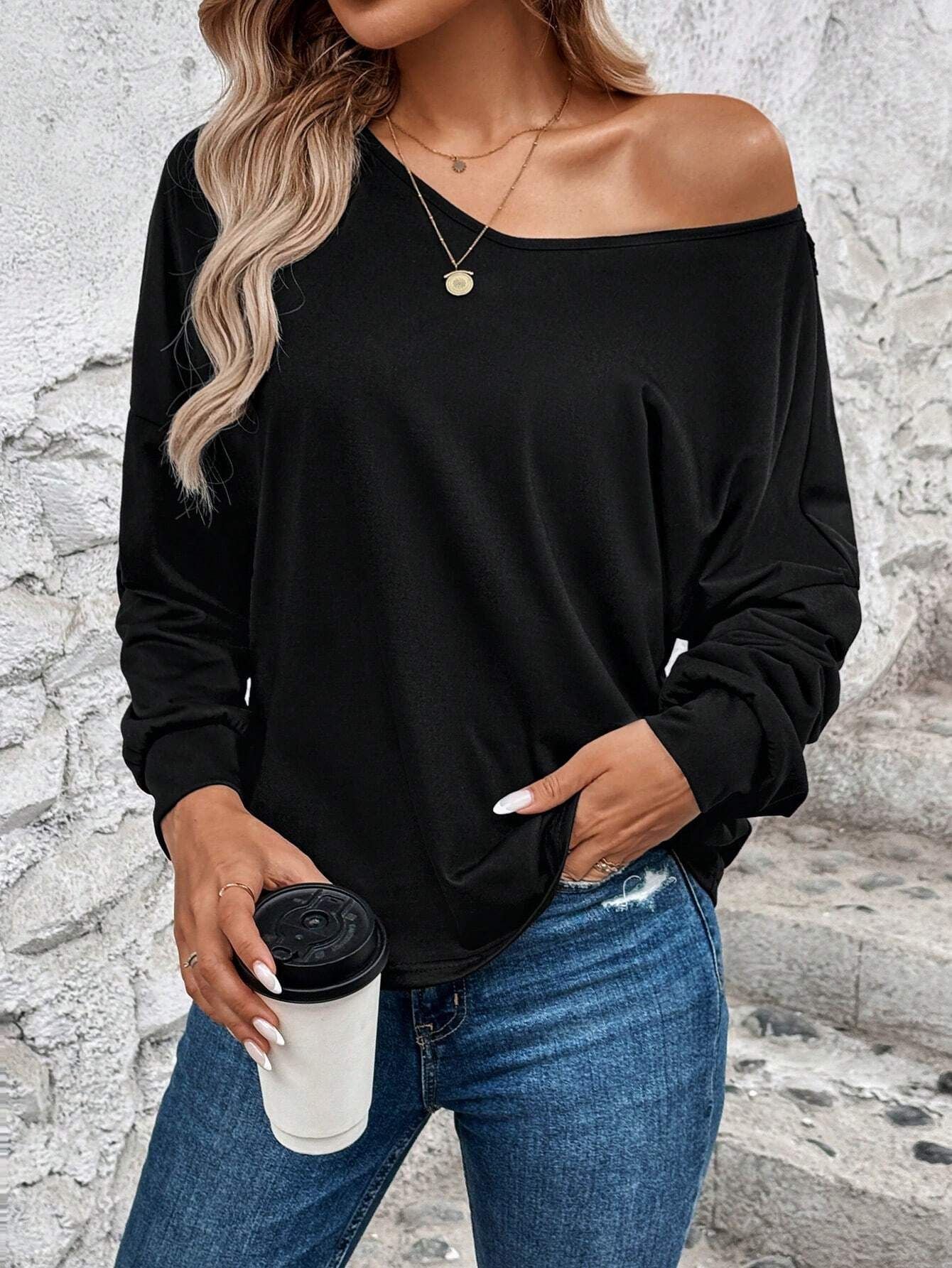 Elegant WOMEN'S V-neck lace trim long sleeve T-shirt-fashionable patchwork blouse for casual & chic outfits