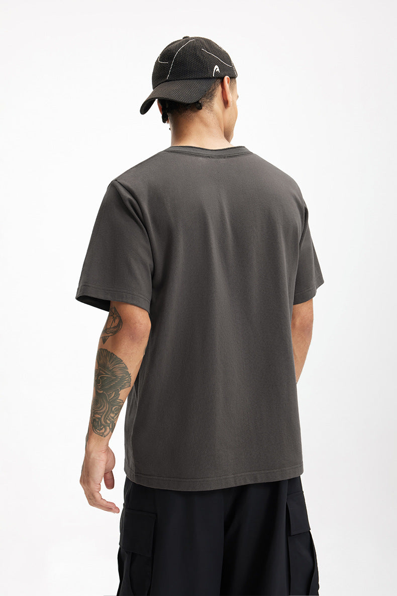 Men's T-shirt Heavy Hemp Cotton Henry Collar Spring and Summer 250G American Casual round Neck Bottoming Shirt