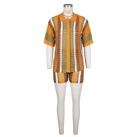 Women's Knitted Sweater Suit Sexy Lady Hollow out See-through Contrast Color Lapels