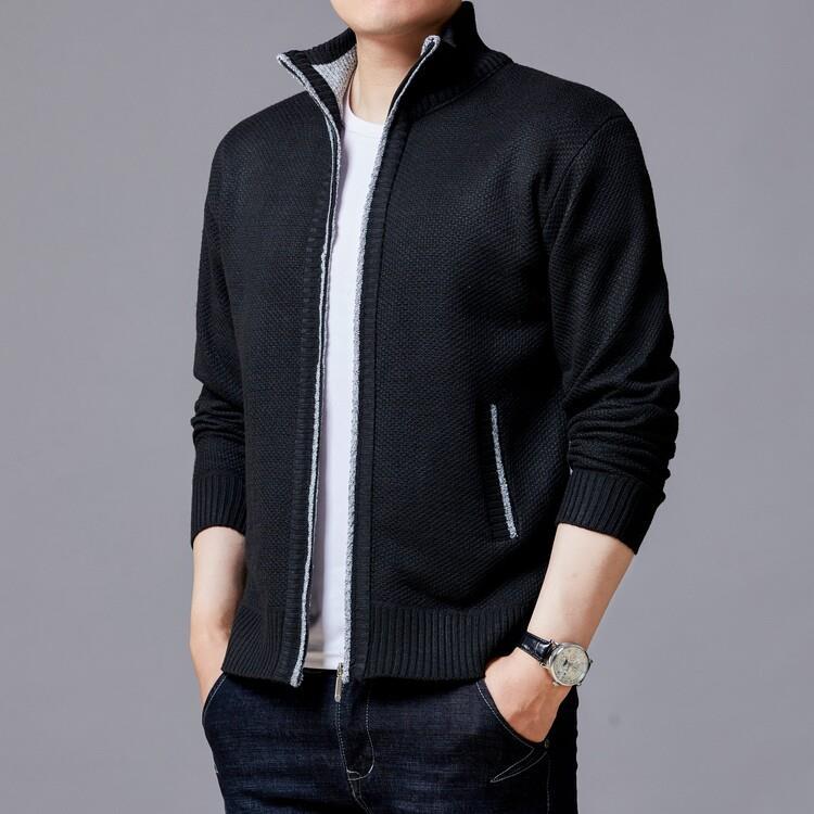 Men's knitted sweater zipper cardigan solid color stand collar plaid plus velvet warm M-3XL