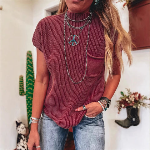 Women's Knit Sweaters: High Neck and Sleeveless Design