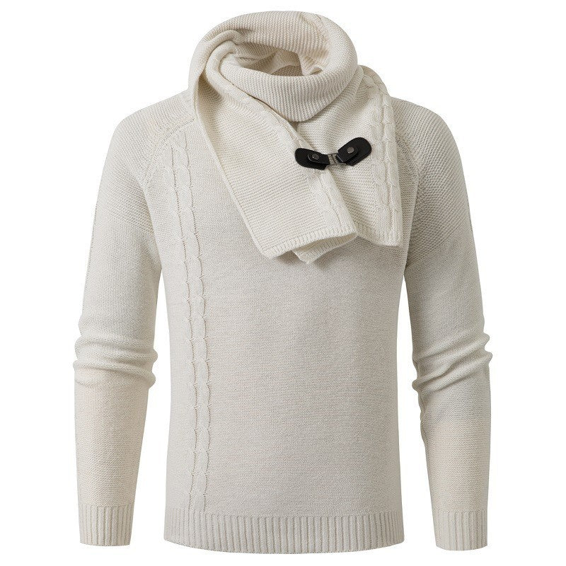 Men's knitted sweater scarf collar solid color warm and comfortable loose knit sweater M-3XL