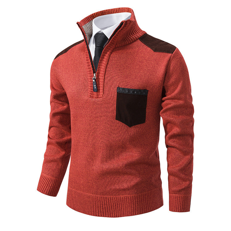 Men's knitted sweater with hood and half zipper cardigan, stand-up collar, plaid, thick and warm, M-3XL