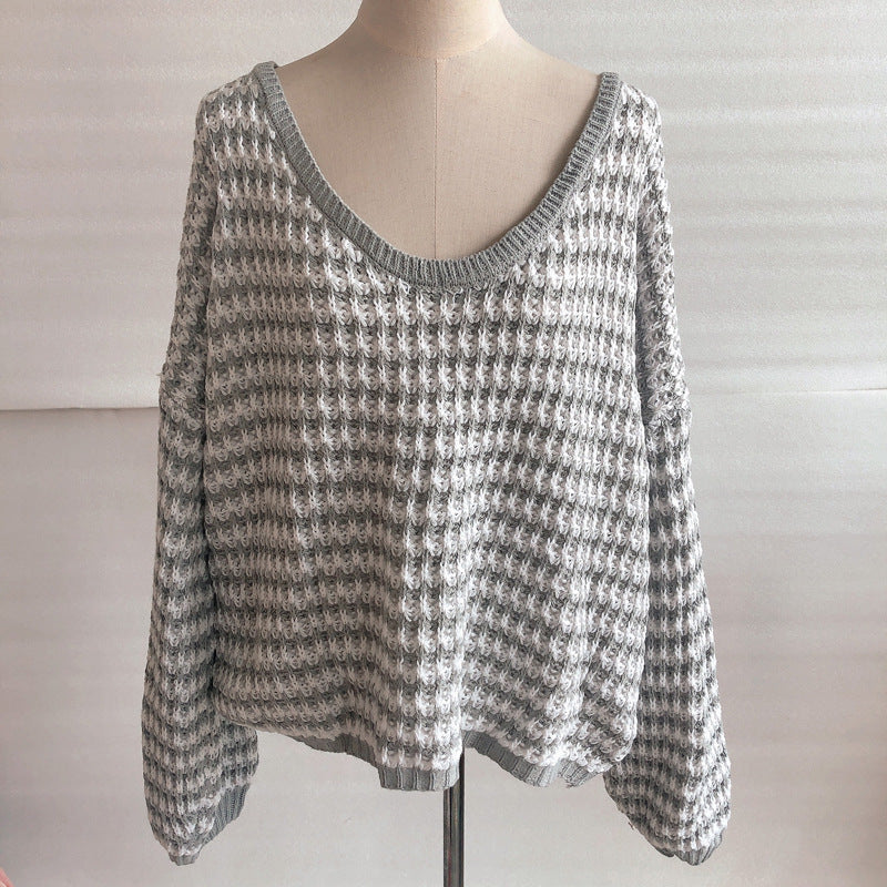 Waves Stripe Sexy Puff Sleeve Loose Knit Sweater Pullover for Women, Trendy and Cozy Casual Top