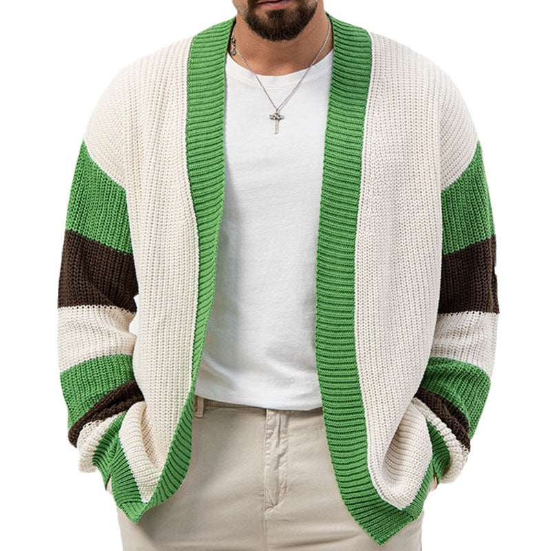 Men's Knitwear Green Edge V-neck Cardigan Loose Contrast Color Woolen Cardigan Coat Thickened Thick Needle Sweater