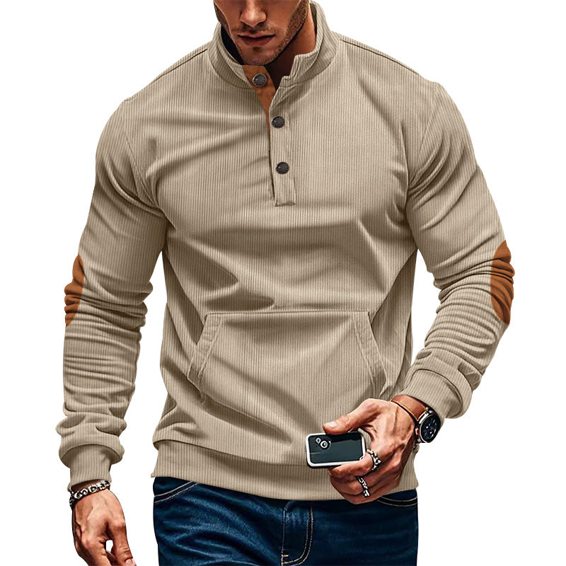 Corduroy Sweatshirts for Men Vintage Casual Long Sleeve Stand Collar Button Up Pullover Sweatshirts with Elbow Patches