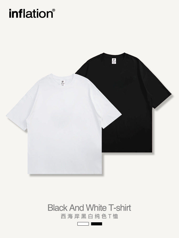 Men's T-shirt American West Coast Fashion Brand Black and White Solid Color Summer New 220G Combed Cotton Short Sleeve