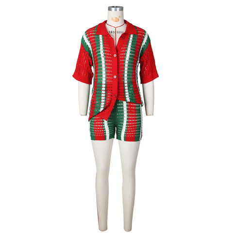 Women's Knitted Sweater Suit Sexy Lady Hollow out See-through Contrast Color Lapels