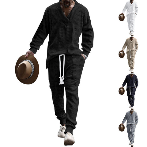 Men's Sweatshirt - New Casual Long Pants V-neck Versatile Jacquard Knit Sweater Autumn Set