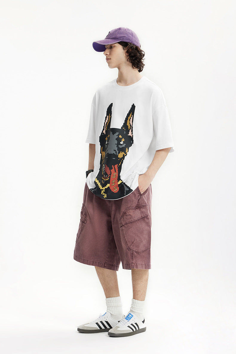 Men's T-shirt American Luminous Doberman Pinscher Printed Spring and Summer American Street Fashion Brand Loose Short Sleeve Men