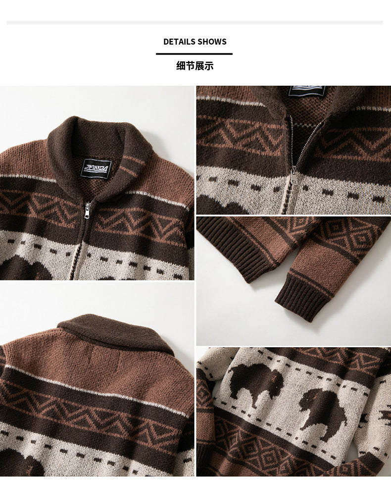 Sweats for Men Vintage Jacquard Knitwear Zipper Thickening Cardigan Outdoor Sweater