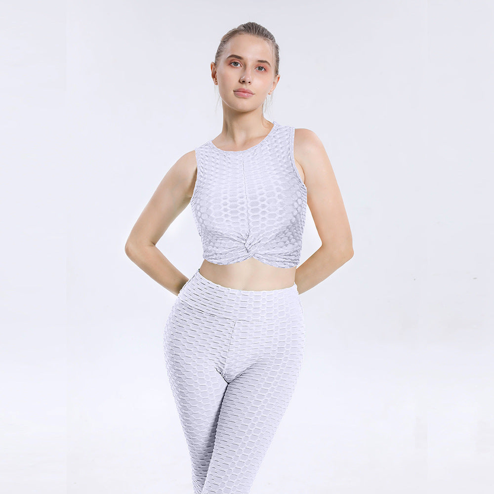 Leggings For Women  Yoga Clothes Suit Women's Sports Running Workout Outfit Suit Bubble Vest High Waist Hip Lift Yoga Pants Two-Piece Set