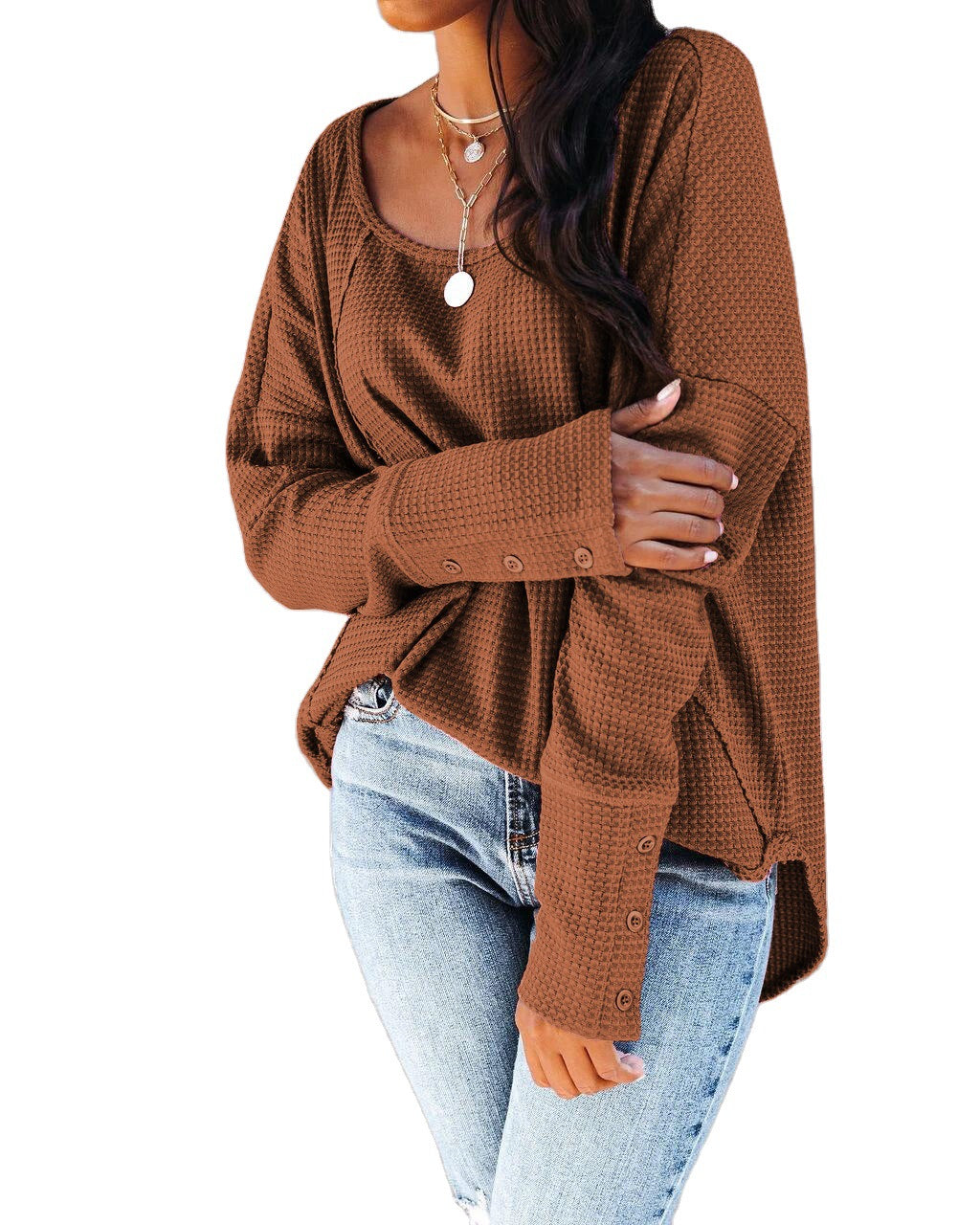 Women's Spring Summer Waffle Knit Crew Neck Patchwork Pullover Long Sleeve T-Shirt Casual Loose Top