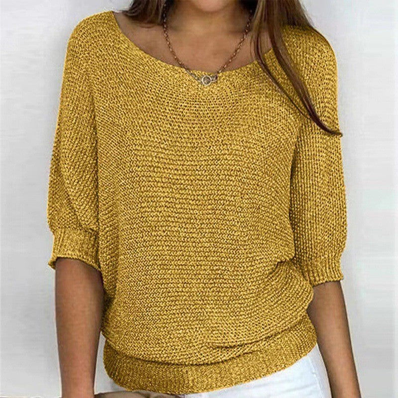 Women's Solid Color Crew Neck Knitted Sweater Lightweight 3/4 Sleeve Pullover Air-Conditioned Cardigan Top Plus Size