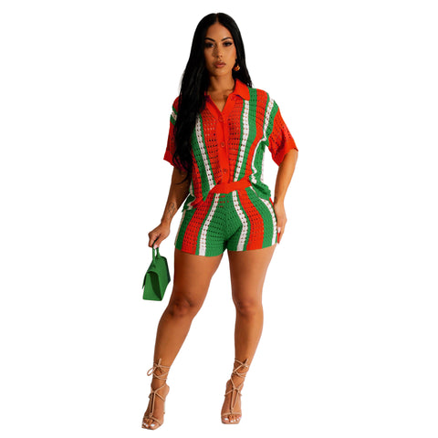 Women's Knitted Sweater Suit Sexy Lady Hollow out See-through Contrast Color Lapels
