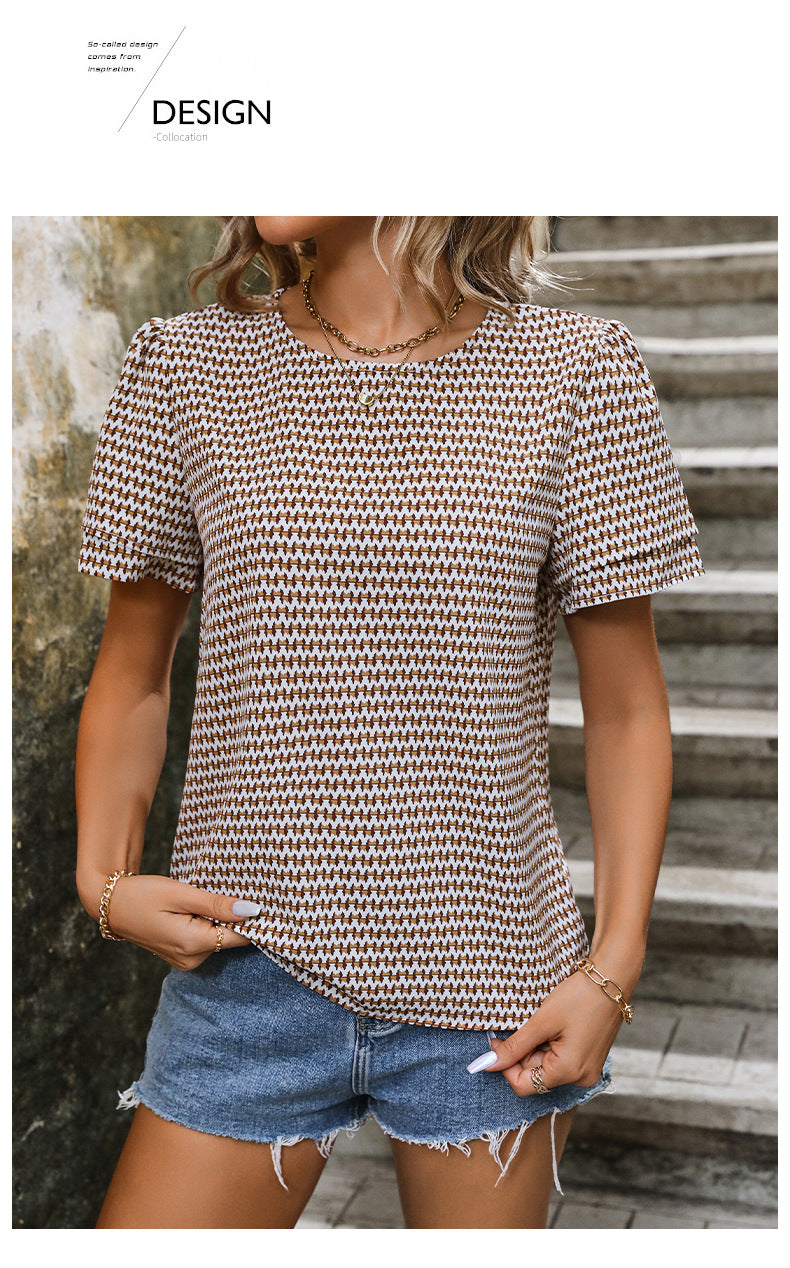 Women's Printed Striped Shirt Summer Casual Loose Button-Down Blouse Short Sleeve Lightweight Tops