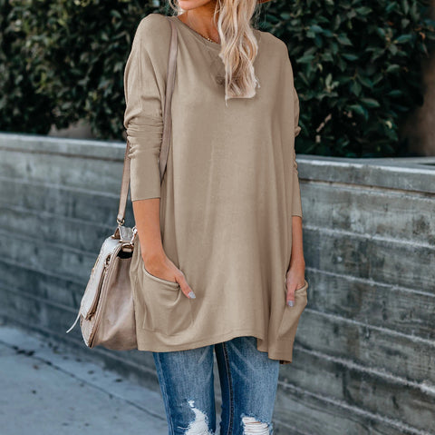 Women's Solid Color Knit Sweater: Round Neck, Long Sleeves, and Pockets