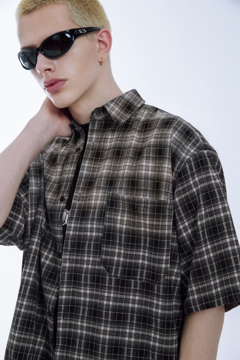 Men's Shirts Block Gradient Plaid Shirt Loose Couple Short Sleeve Checkered Shirt