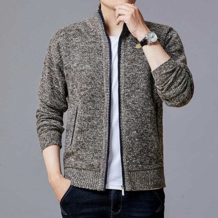 Men's knitted sweater zipper cardigan solid color stand collar plaid plus velvet warm M-3XL