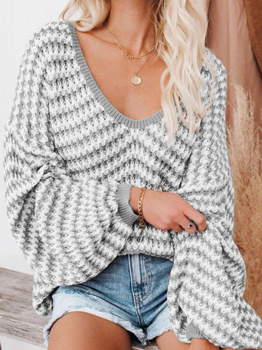 Waves Stripe Sexy Puff Sleeve Loose Knit Sweater Pullover for Women, Trendy and Cozy Casual Top