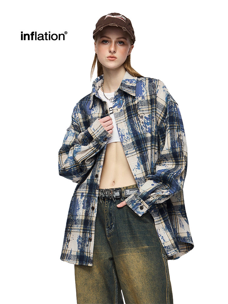 Men's Shirts New Splatter Plaid Shirt New Retro Trendy Casual Loose Long Sleeve Shirt