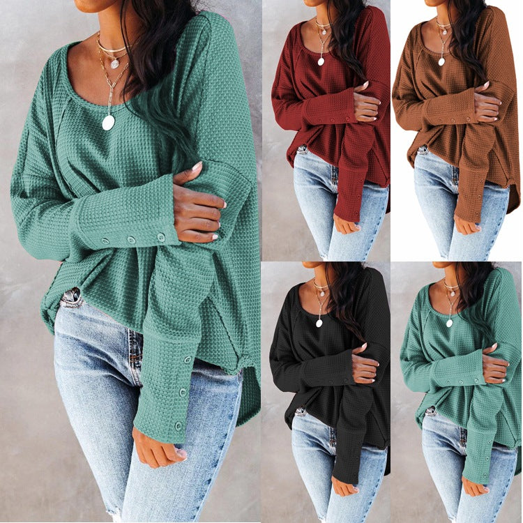 Women's Spring Summer Waffle Knit Crew Neck Patchwork Pullover Long Sleeve T-Shirt Casual Loose Top