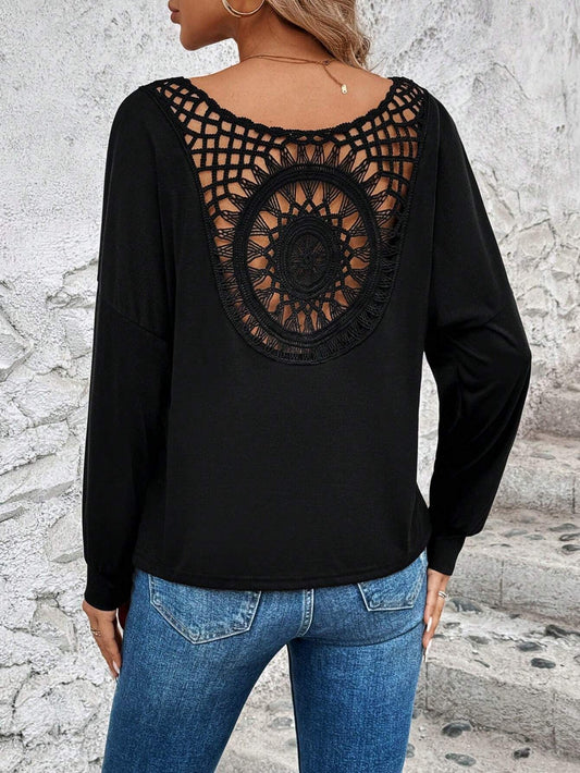 Elegant WOMEN'S V-neck lace trim long sleeve T-shirt-fashionable patchwork blouse for casual & chic outfits