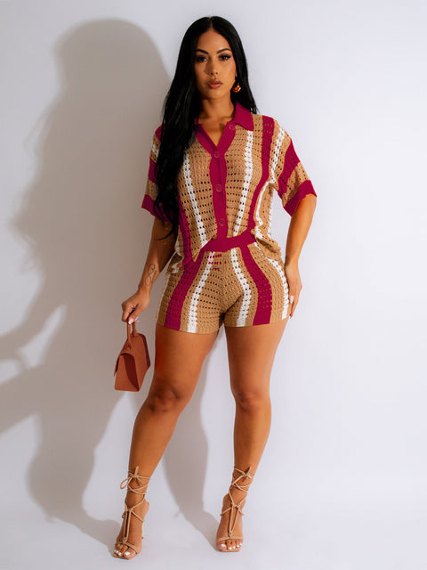 Women's Knitted Sweater Suit Sexy Lady Hollow out See-through Contrast Color Lapels