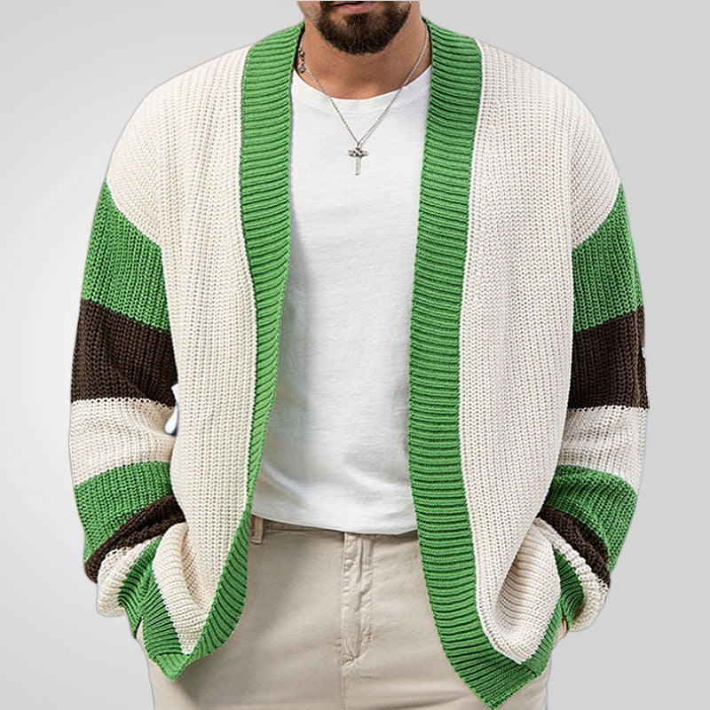 Men's Knitwear Green Edge V-neck Cardigan Loose Contrast Color Woolen Cardigan Coat Thickened Thick Needle Sweater