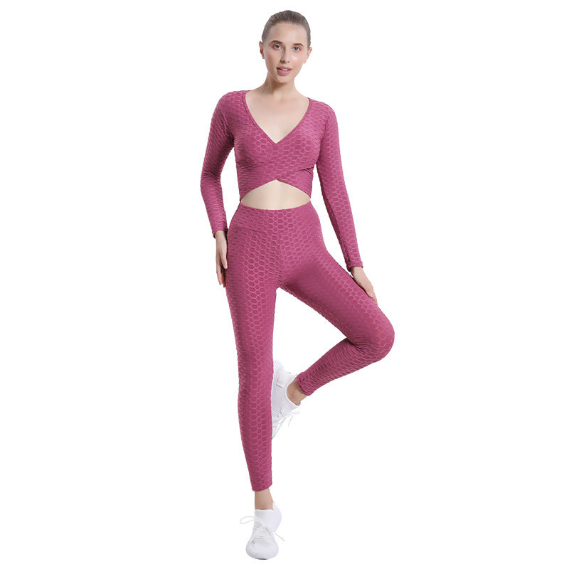 Leggings for women jacquard bubble sexy cross long-sleeved top high waist workout trousers yoga clothes suit women