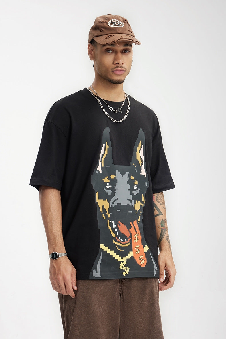 Men's T-shirt American Luminous Doberman Pinscher Printed Spring and Summer American Street Fashion Brand Loose Short Sleeve Men