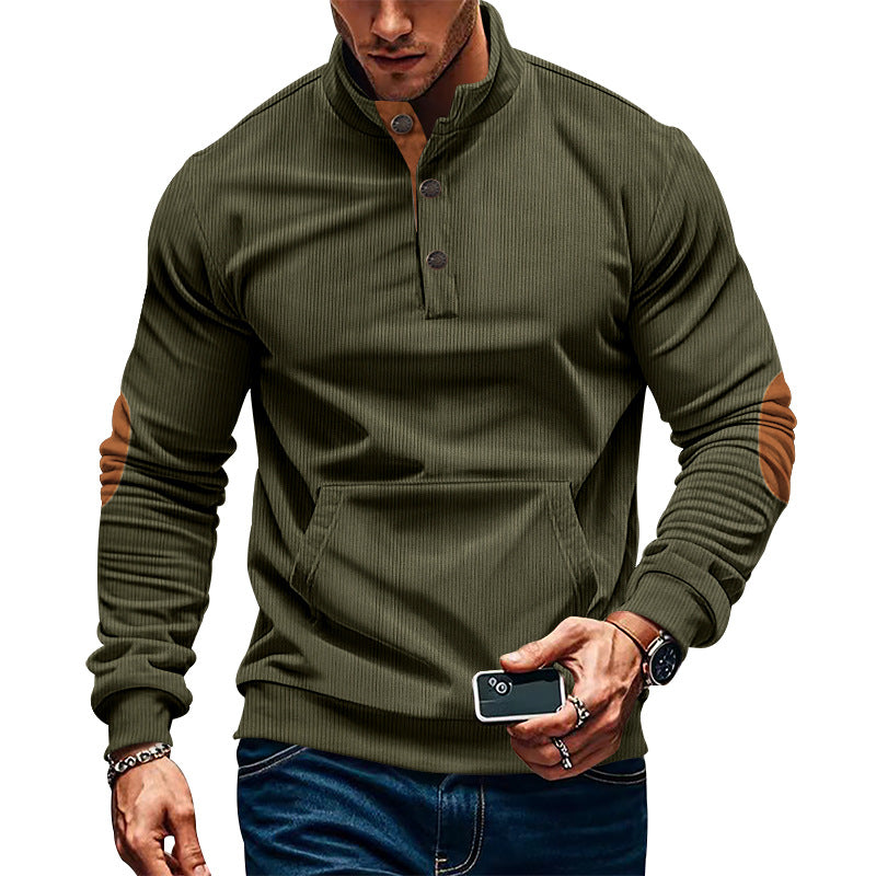 Corduroy Sweatshirts for Men Vintage Casual Long Sleeve Stand Collar Button Up Pullover Sweatshirts with Elbow Patches