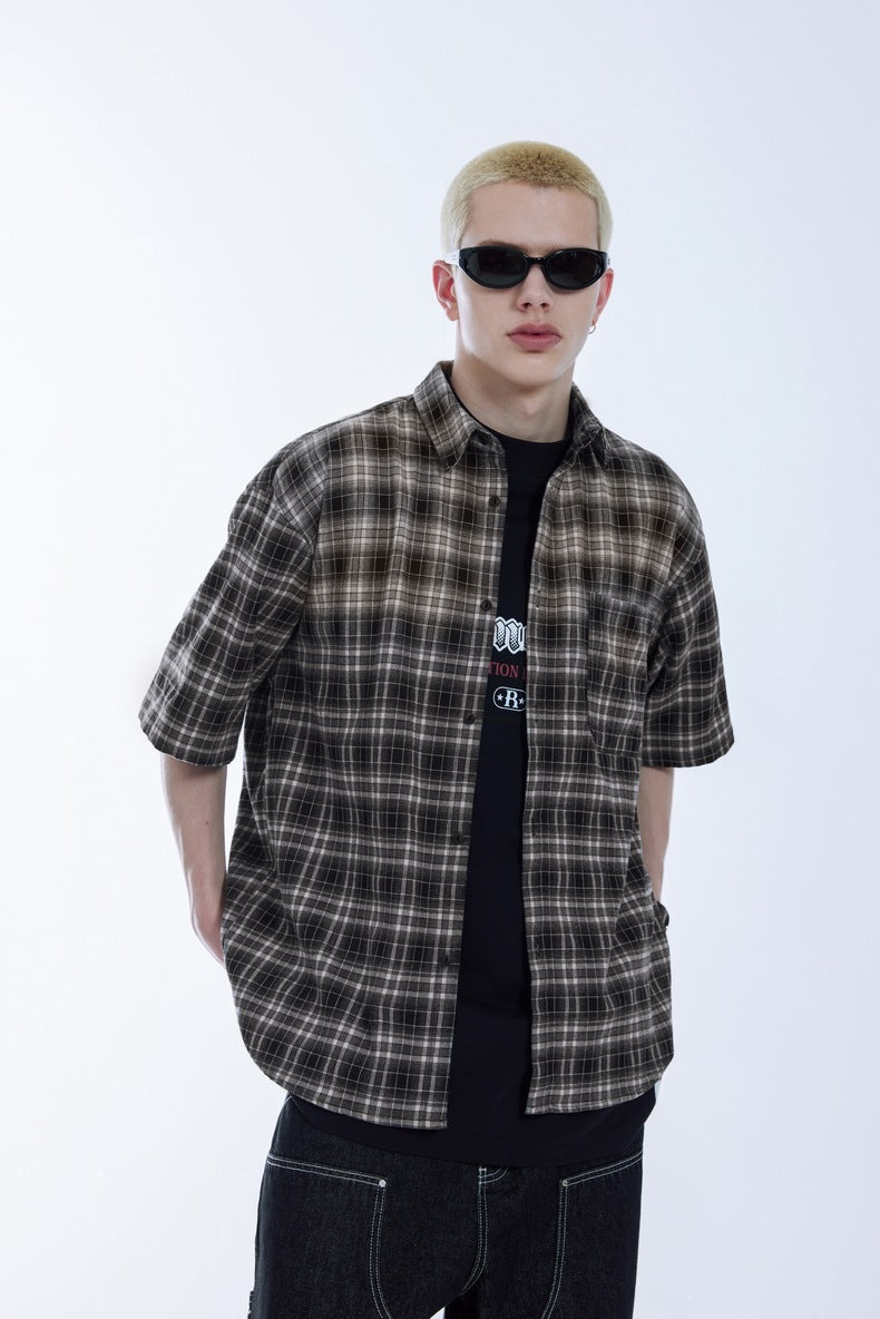 Men's Shirts Block Gradient Plaid Shirt Loose Couple Short Sleeve Checkered Shirt