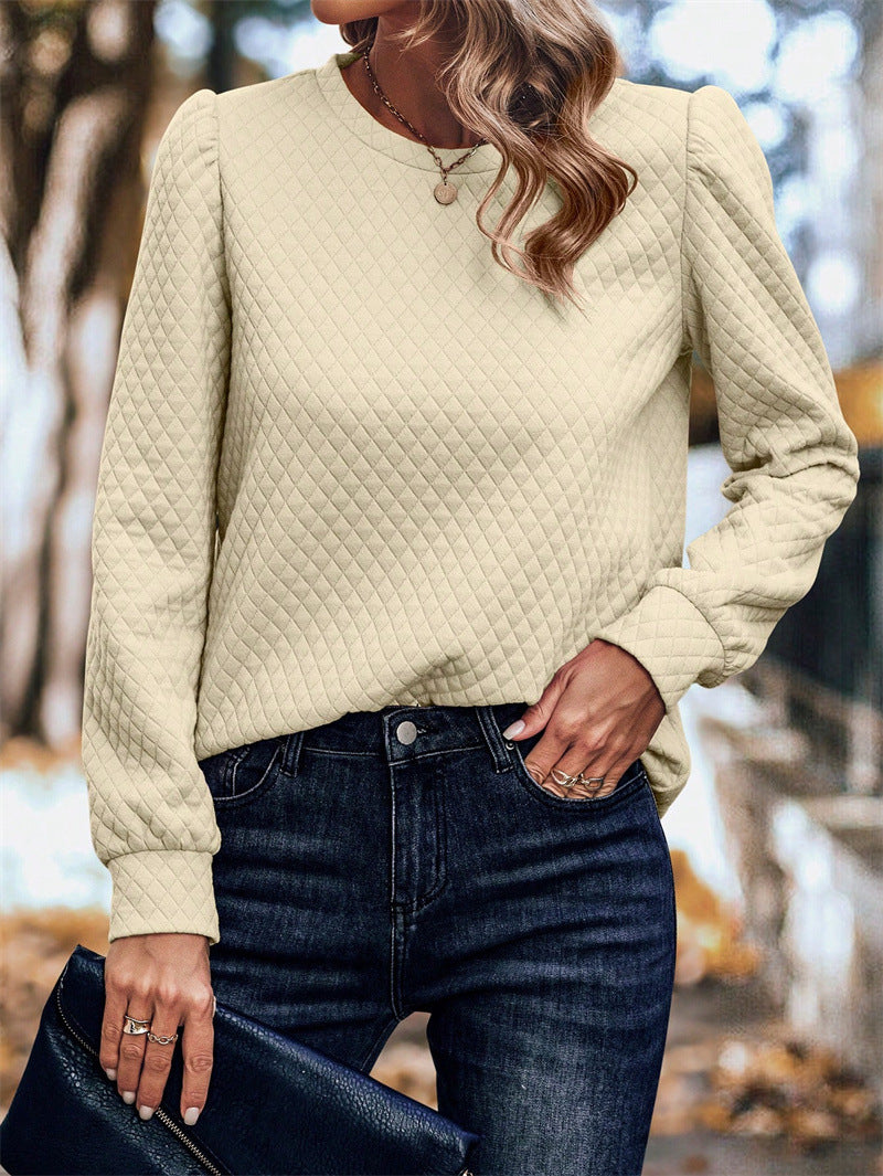 Women's Fall Winter Round Neck Puff Sleeve Warm Air Grid Pattern Sweatshirt Pullover Top