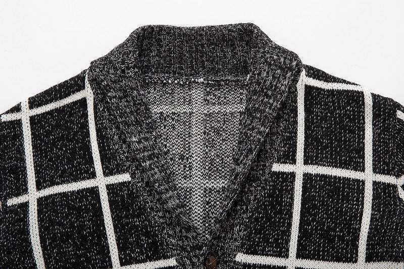 Men's knitted sweater zipper cardigan plaid thick warm M-3XL