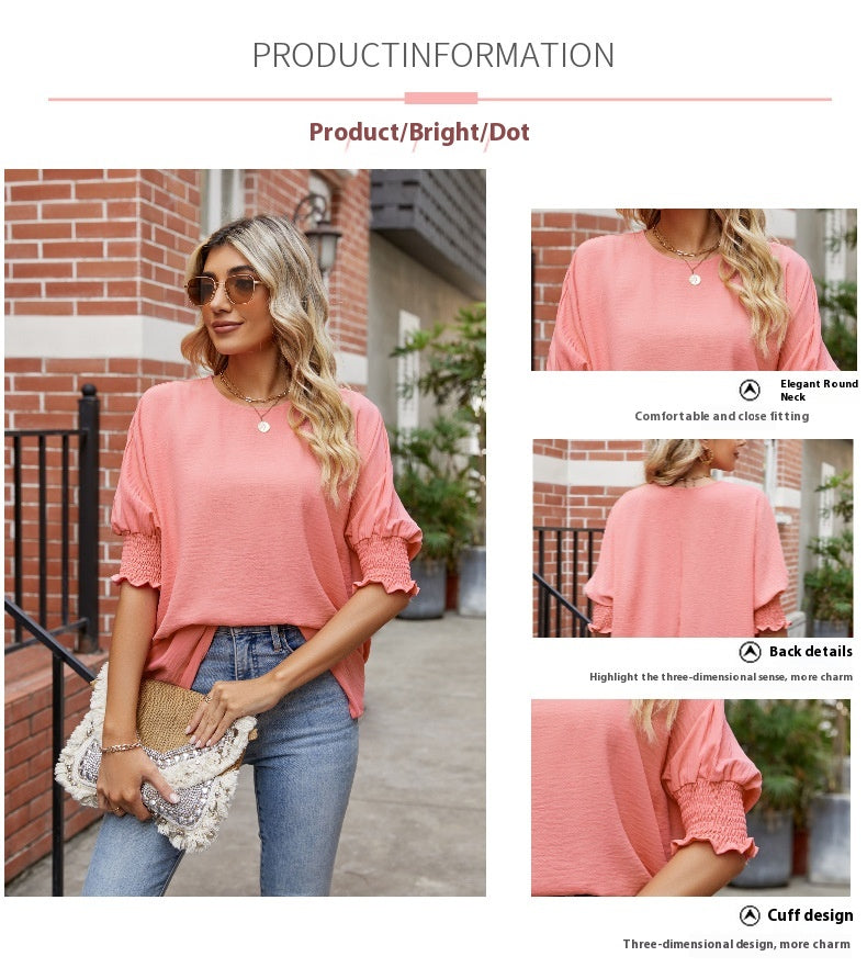 Women's Loose Plus Size Solid Color Pleated Crew Neck Top Summer New