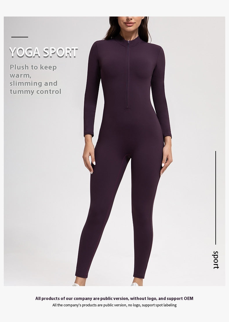 Yoga Pants Women Zipper Fleece-lined Yoga Jumpsuit High-Intensity Exercise Nude Feel Tights