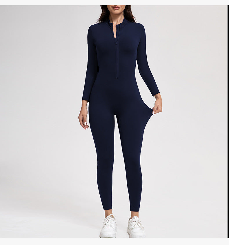 Yoga Pants Women Zipper Fleece-lined Yoga Jumpsuit High-Intensity Exercise Nude Feel Tights