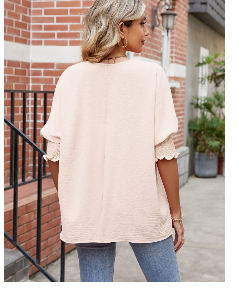 Women's Loose Plus Size Solid Color Pleated Crew Neck Top Summer New