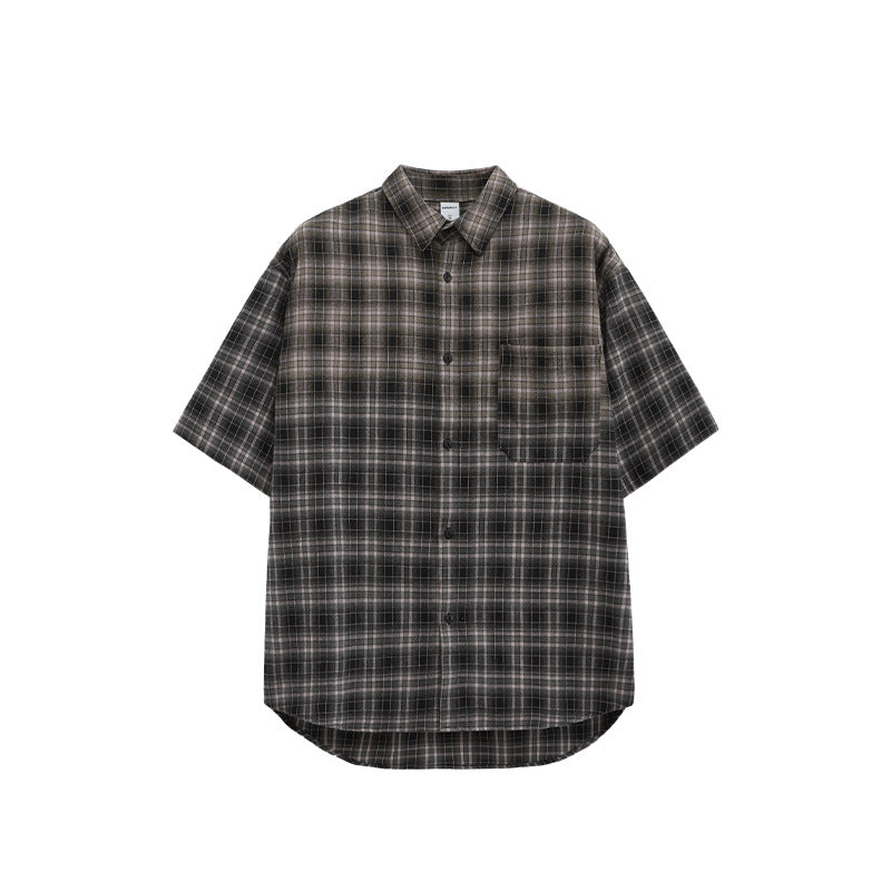 Men's Shirts Block Gradient Plaid Shirt Loose Couple Short Sleeve Checkered Shirt