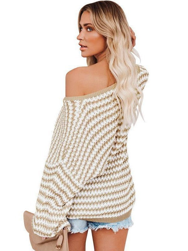 Waves Stripe Sexy Puff Sleeve Loose Knit Sweater Pullover for Women, Trendy and Cozy Casual Top