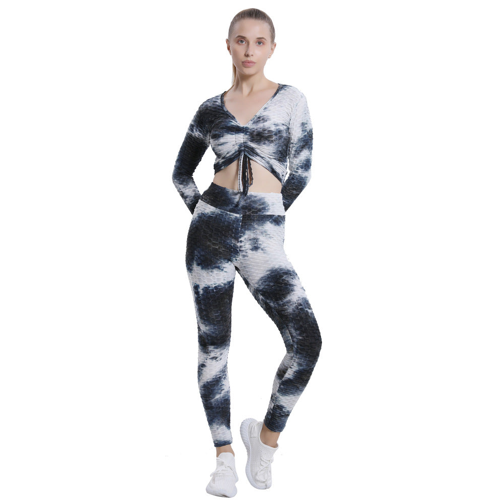 Leggings For Women Bubble Yoga Clothes Suit Women's Tie-Dyed Yoga Clothes High Waist Running Sports Fitness Clothes Long-Sleeved Trousers Two-Piece Suit