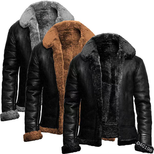 Men's jacket PU fur integrated pile jacket with thick mid-length