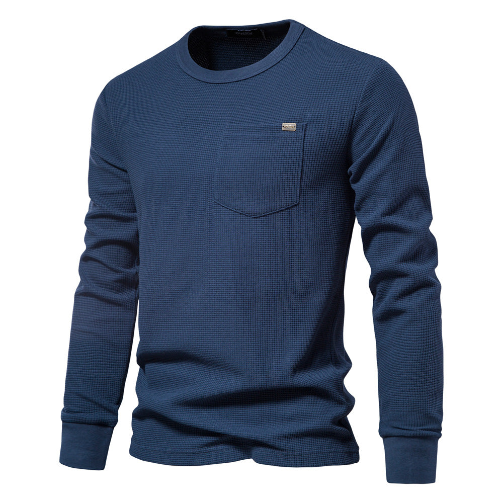 Men's Knitted Sweater Waffle Cotton Crew Neck Solid Color High Quality S-2XL