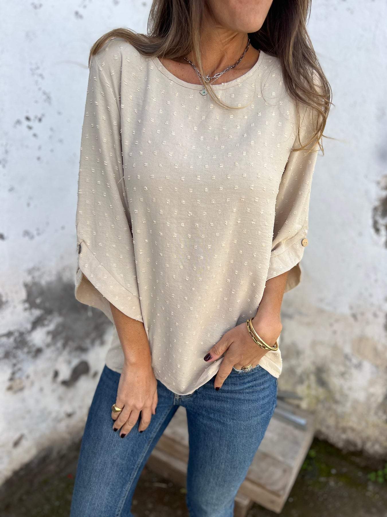 Women's Round Neck Chiffon Jacquard Blouse – Stylish Casual Loose Long Sleeve T-Shirt