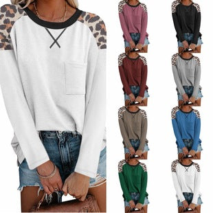 Women's Spring Summer Waffle Knit Crew Neck Patchwork Pullover Long Sleeve T-Shirt Casual Loose Top