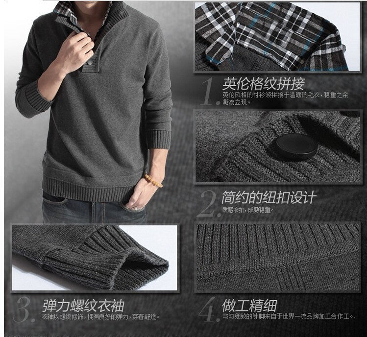 Men's Knitted Sweater Lapel Solid Color Button Warm Loose Design M-3XL