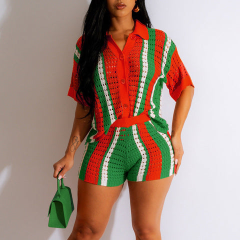 Women's Knitted Sweater Suit Sexy Lady Hollow out See-through Contrast Color Lapels